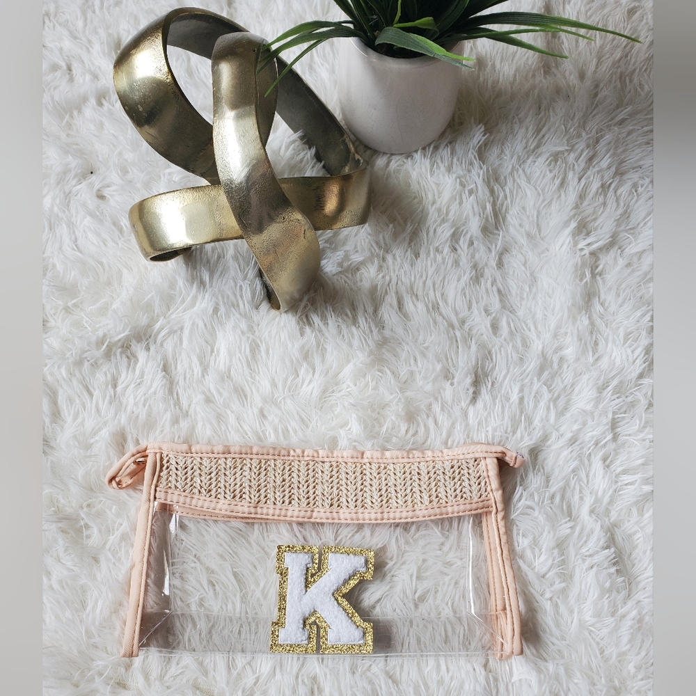 2/$15 - Letter "K" Clear Clutch Makeup Cosmetic Bag Gold White Peach